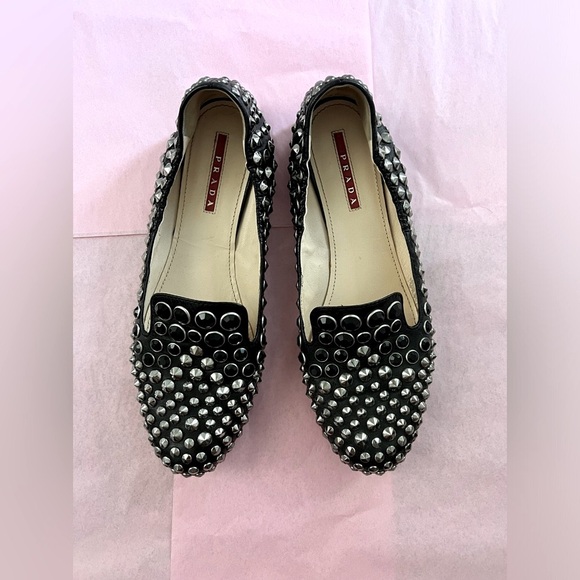 PRADA Studded Crystals Black Leather Slip On Smoking Loafers Flats Shoes Sz 38 - Picture 2 of 10